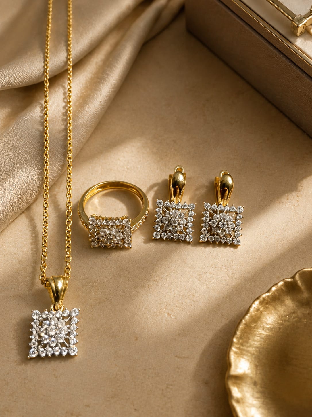 Celestial Bloom Gold Jewelry Set – Necklace, Earrings & Ring