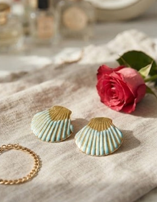 Turquoise & Gold Seashell Statement Earrings